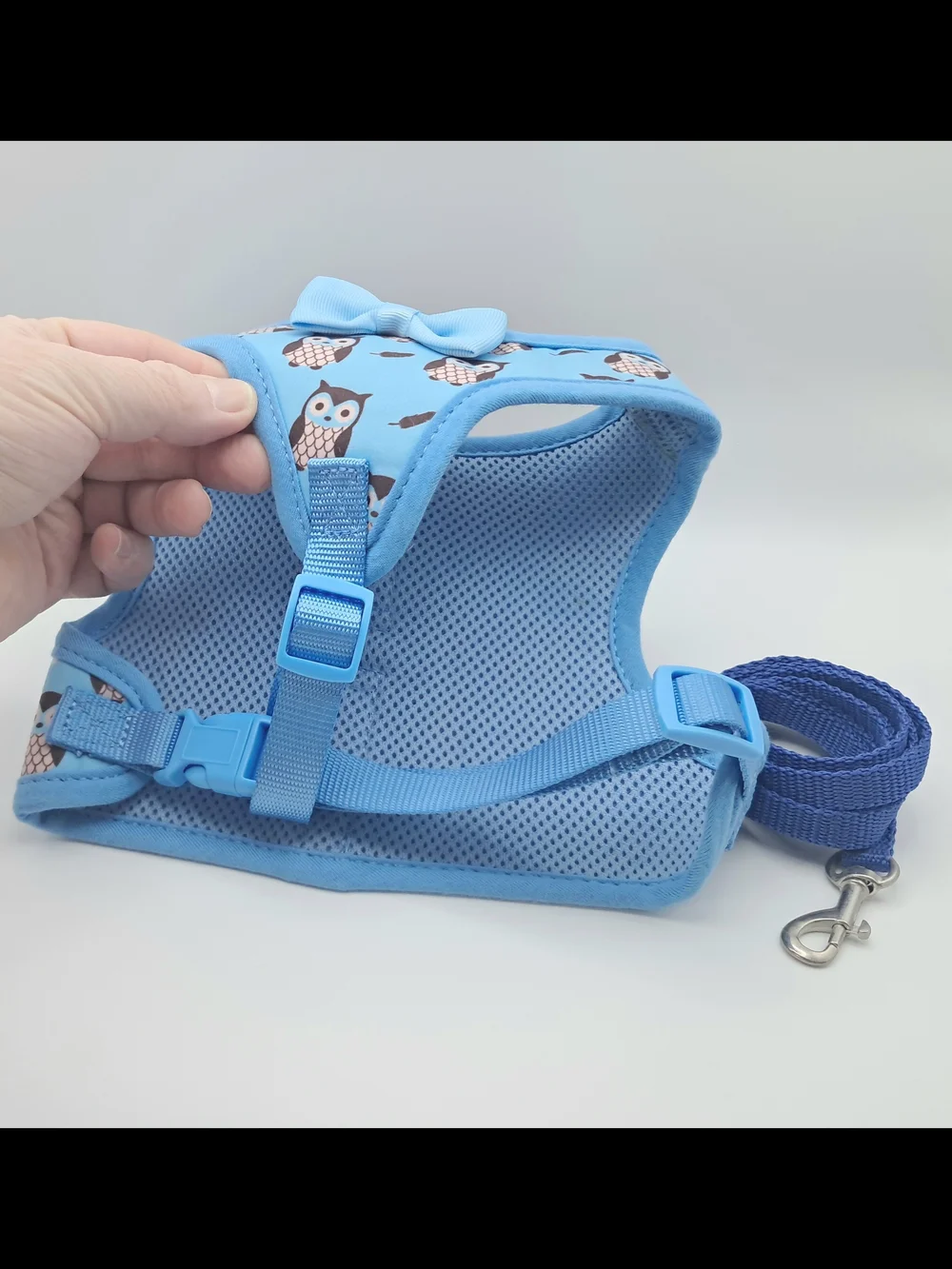 Cute Blue Owl Print Bowtie Pet Harness with 4 ft Leash Small Dog Cat 10